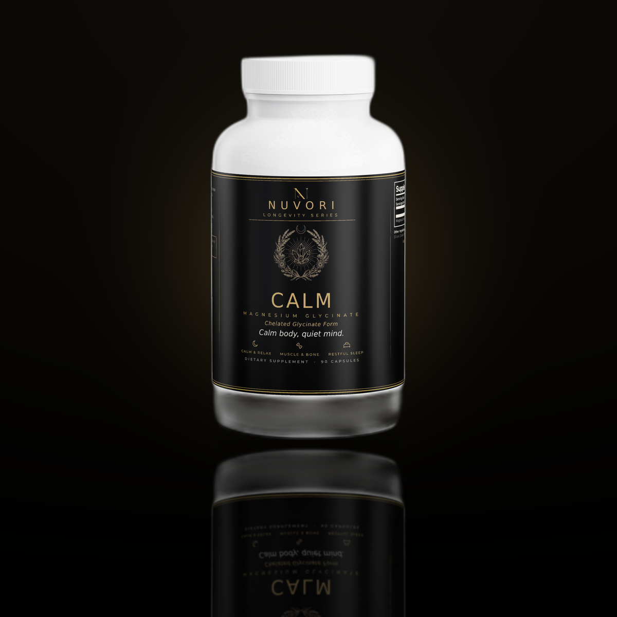 Nuvori Calm magnesium glycinate bottle on obsidian background