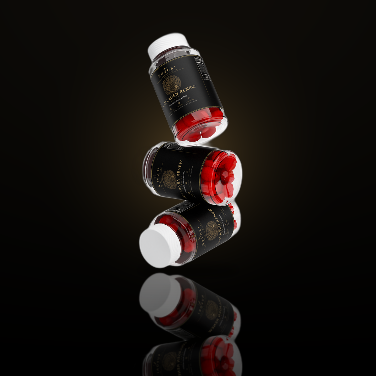 Nuvori Collagen Renew bottles floating
