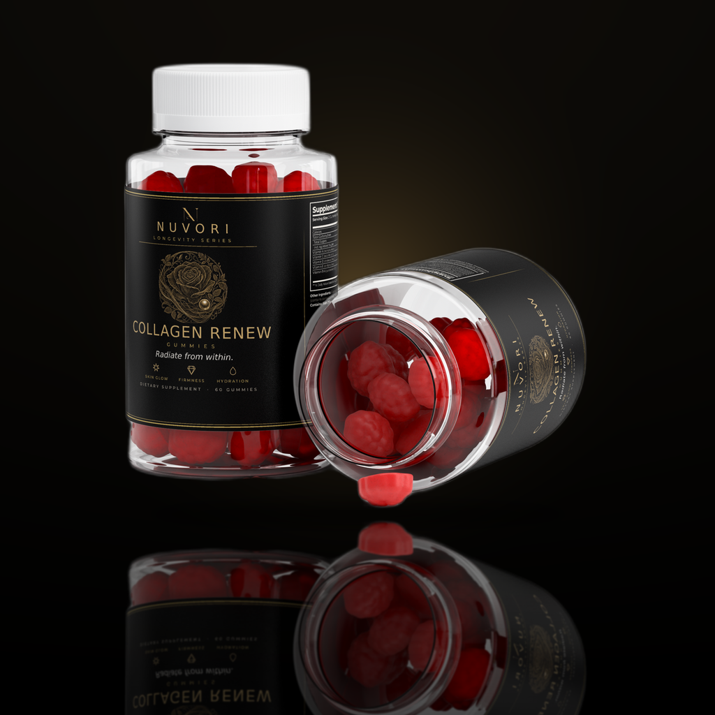 Nuvori Collagen Renew open bottle with gummies