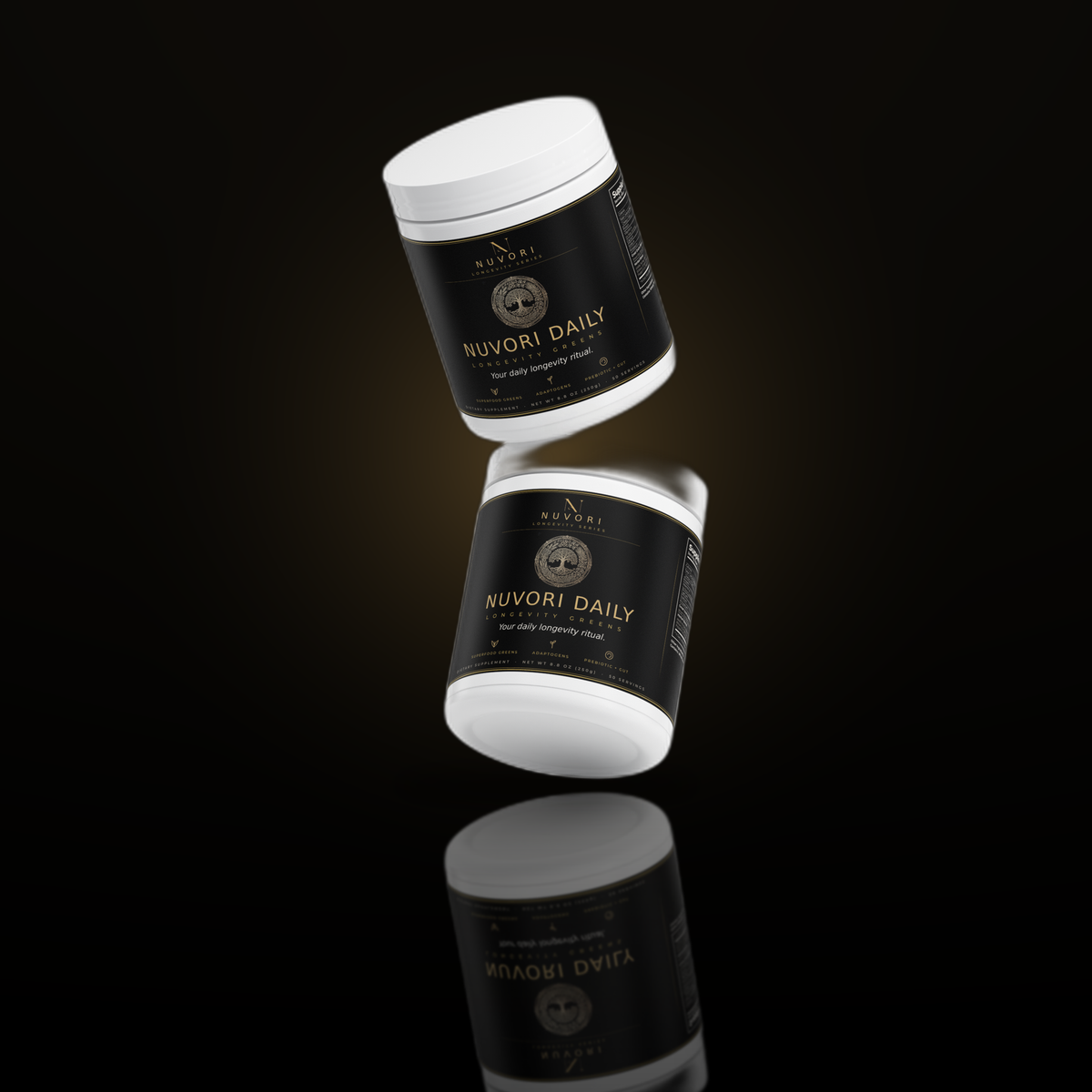 Nuvori Daily Longevity Greens tubs floating