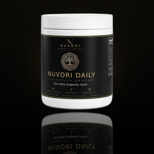Nuvori Daily Longevity Greens jar on obsidian background