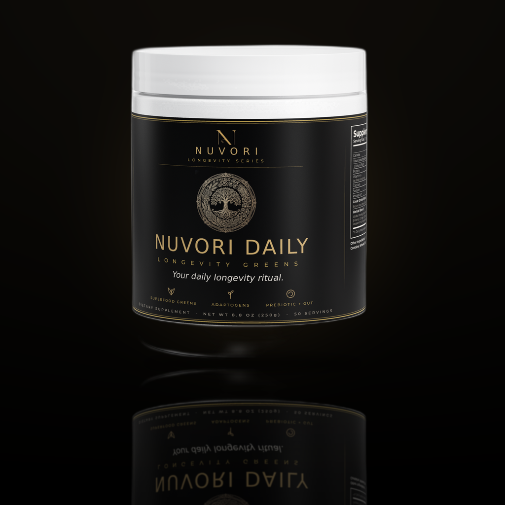 Nuvori Daily Longevity Greens tub with powder