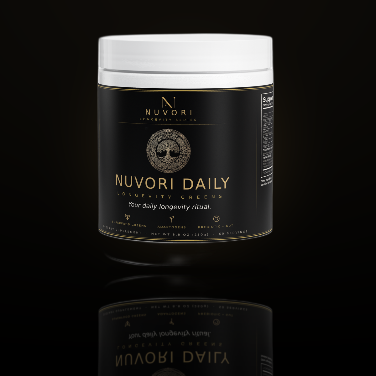 Nuvori Daily Longevity Greens tub with powder