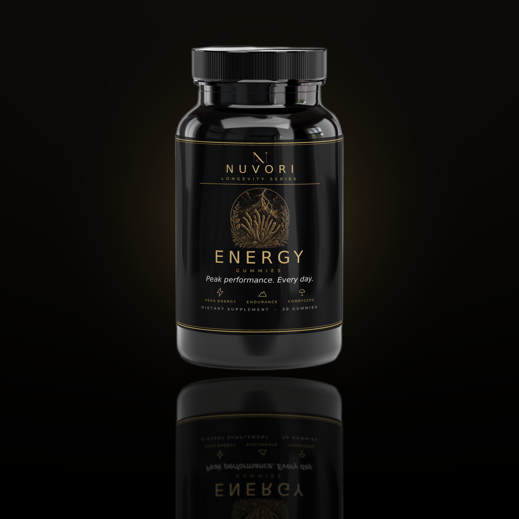 Nuvori Energy gummies bottle, front view