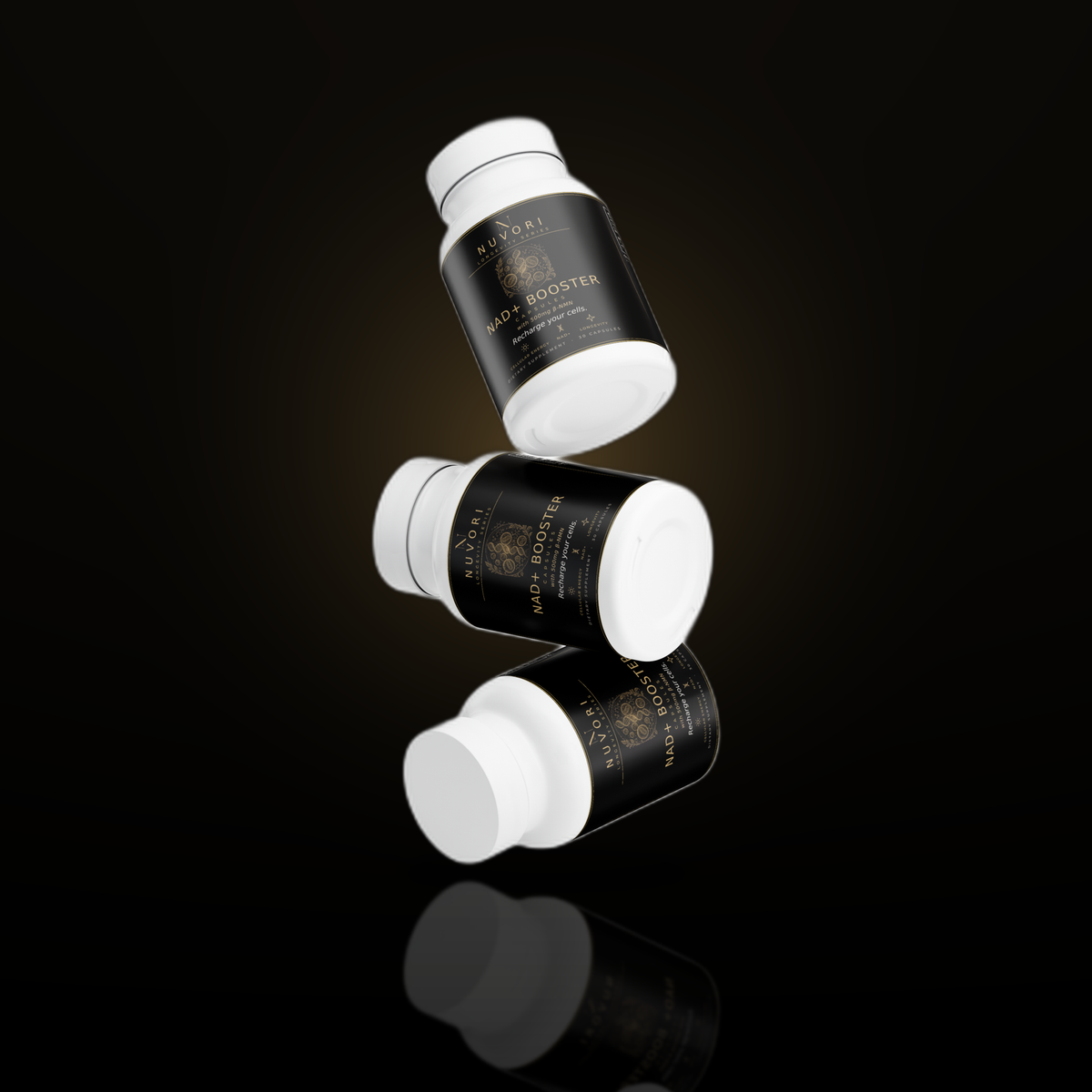 Nuvori NAD+ Booster bottles floating