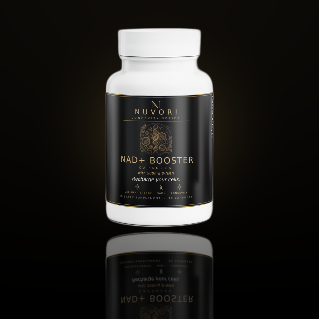Nuvori NAD+ Booster capsules bottle on obsidian background