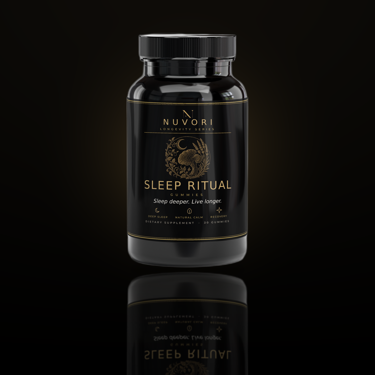 Nuvori Sleep Ritual Gummies bottle on obsidian background