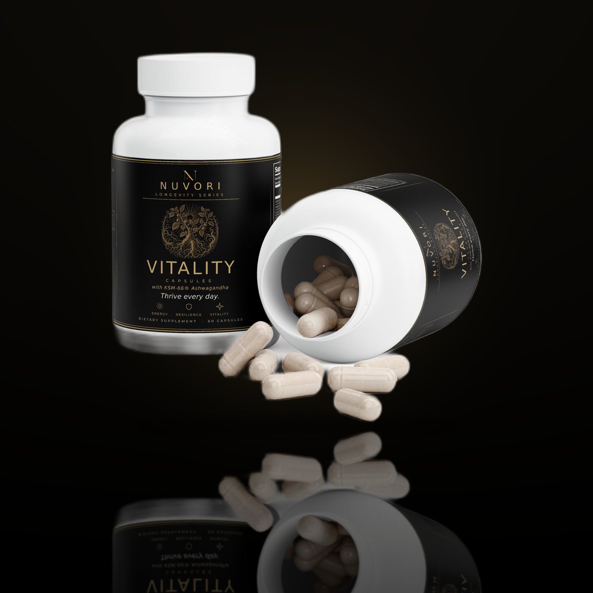 Nuvori Vitality open bottle with capsules